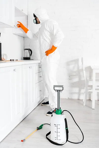 Person in protective gear, a termite specialist in Sydney, using pest control equipment in a kitchen.