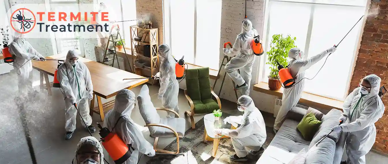 Pest control professionals in protective gear conducting a termite treatment in an office space.
