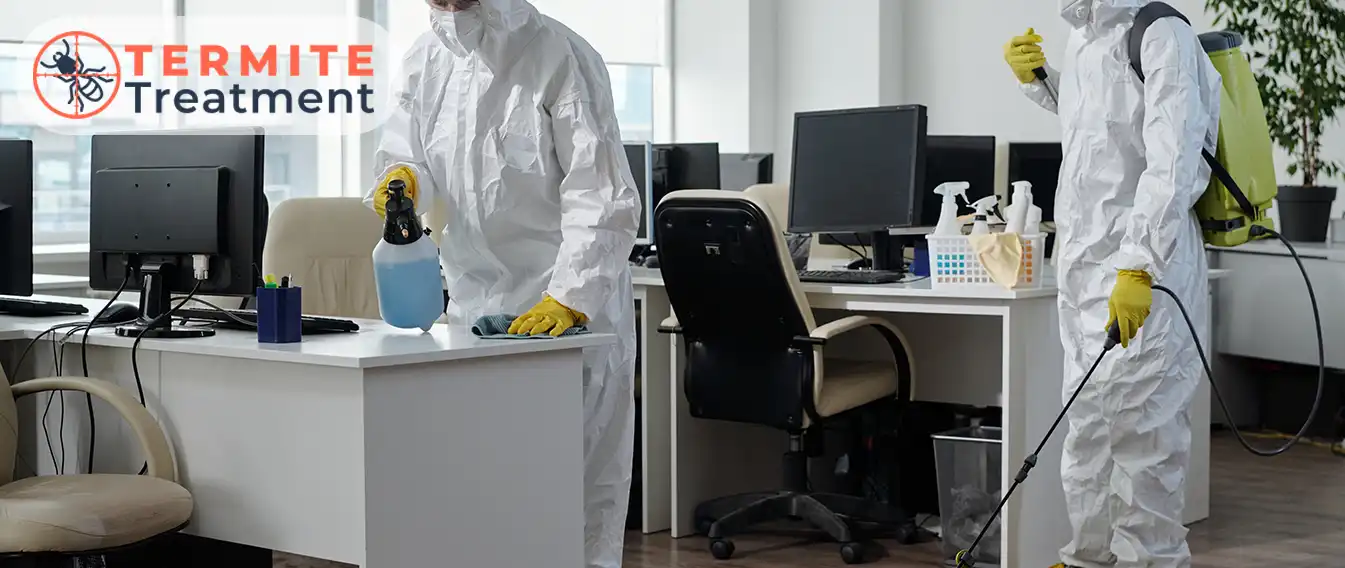 Professionals in protective gear applying termite treatment in an office setting.