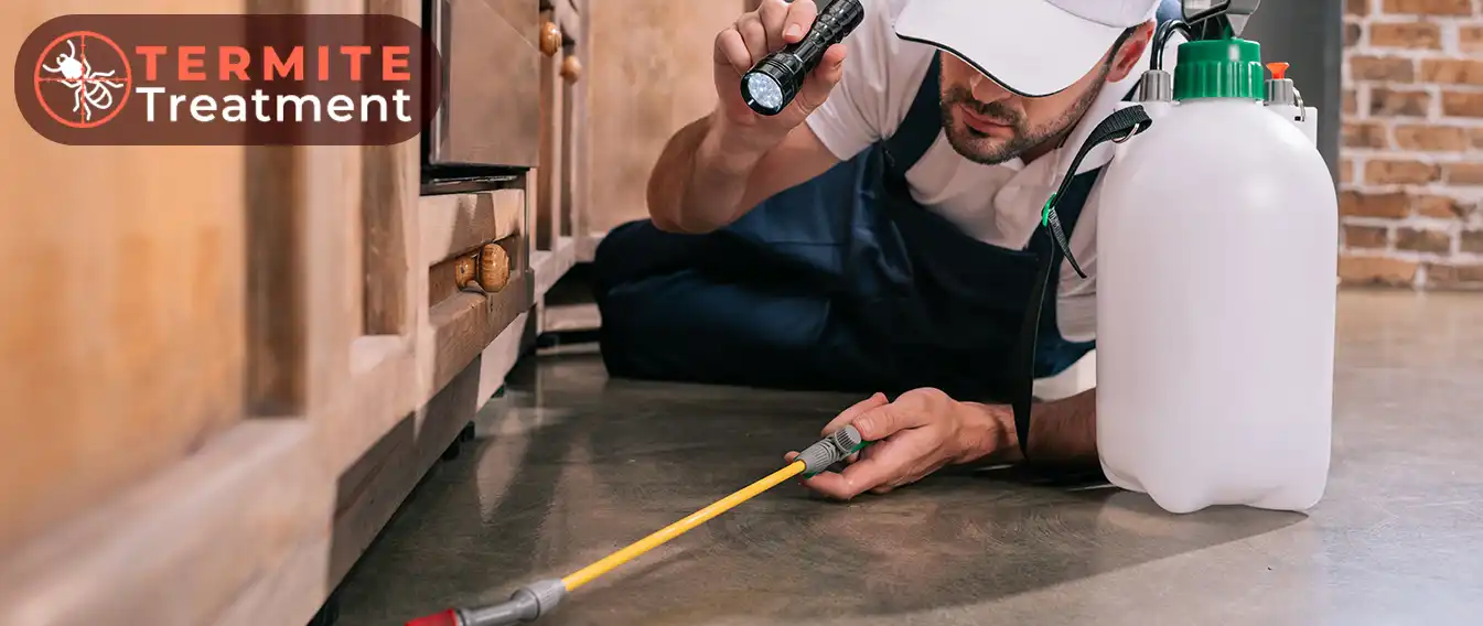 Pest control professional performing a termite treatment in a kitchen.