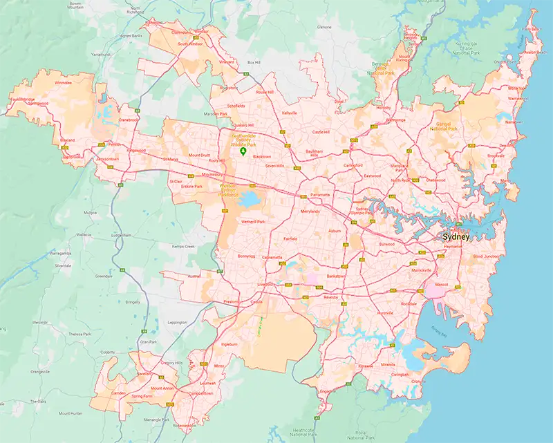 Map of Sydney, Australia, highlighting locations serviced by Termite Treatment Sydney